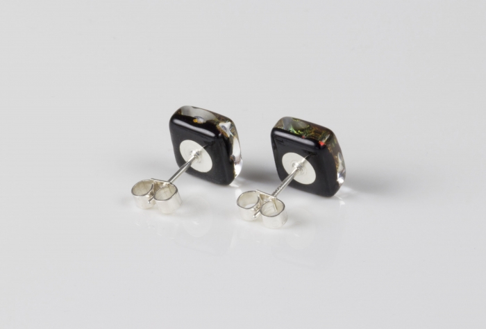 Dichroic glass jewellery uk, handmade stud earrings with striped yellow, black, blue. Square, glass 8-10mm, sterling silver