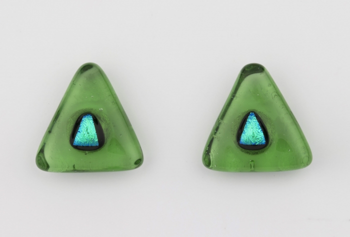 Dichroic glass jewellery uk, handmade fresh green triangle stud earrings green dichroic spot, glass 14/15mm sides, sterling silver