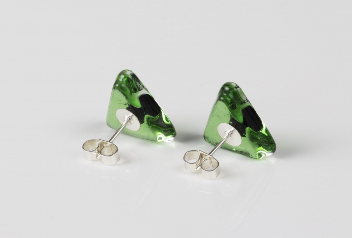 Dichroic glass jewellery uk, handmade fresh green triangle stud earrings green dichroic spot, glass 14/15mm sides, sterling silver