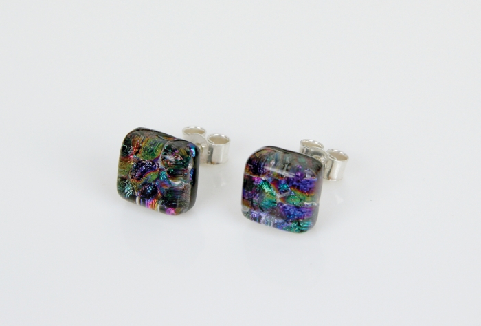 Dichroic glass jewellery uk, handmade stud earrings with reptilian coloured dichroic glass, square, sterling glass 7-10mm, silver posts.