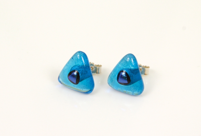 Dichroic glass jewellery uk, handmade turquoise triangle stud earrings blue dichroic spot, glass 14/15mm sides, sterling silver