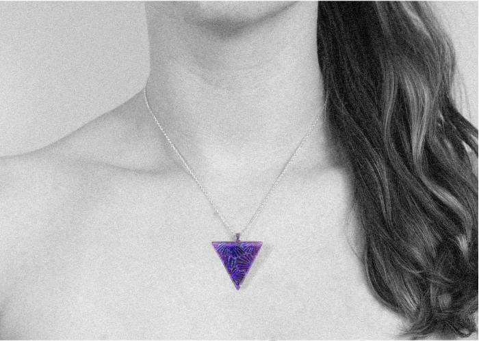 Handmade glass pendant uk, purple florentine pattern backed with violet purple transparent glass. Sterling silver 16"-18" chain.