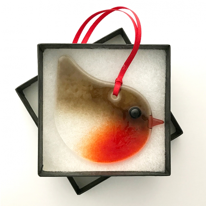Glass robin christmas decoration, christmas gift, handmade glass decoration with gift box