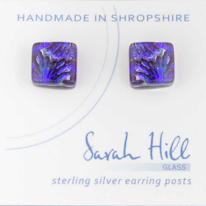 Dichroic glass jewellery uk, handmade violet stud earrings with dichroic starburst pattern, square, glass 8-10mm, sterling silver