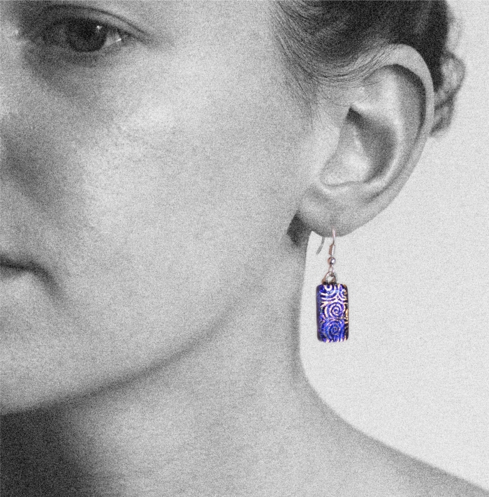 Dichroic glass jewellery drop earrings,purple with gold pattern glass drop earrings, art glass earrings handmade in Shropshire, sterling silver hooks