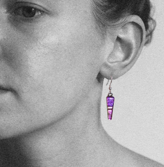 Dichroic glass jewellery drop earrings, tapered pink glass earrings in 3 tones of pink, art glass earrings handmade in Shropshire, sterling silver hooks