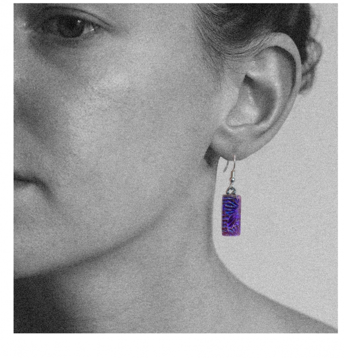 Dichroic glass jewellery, glass drop earrings with purple/violet dichroic glass starburst glass, sterling silver hooks